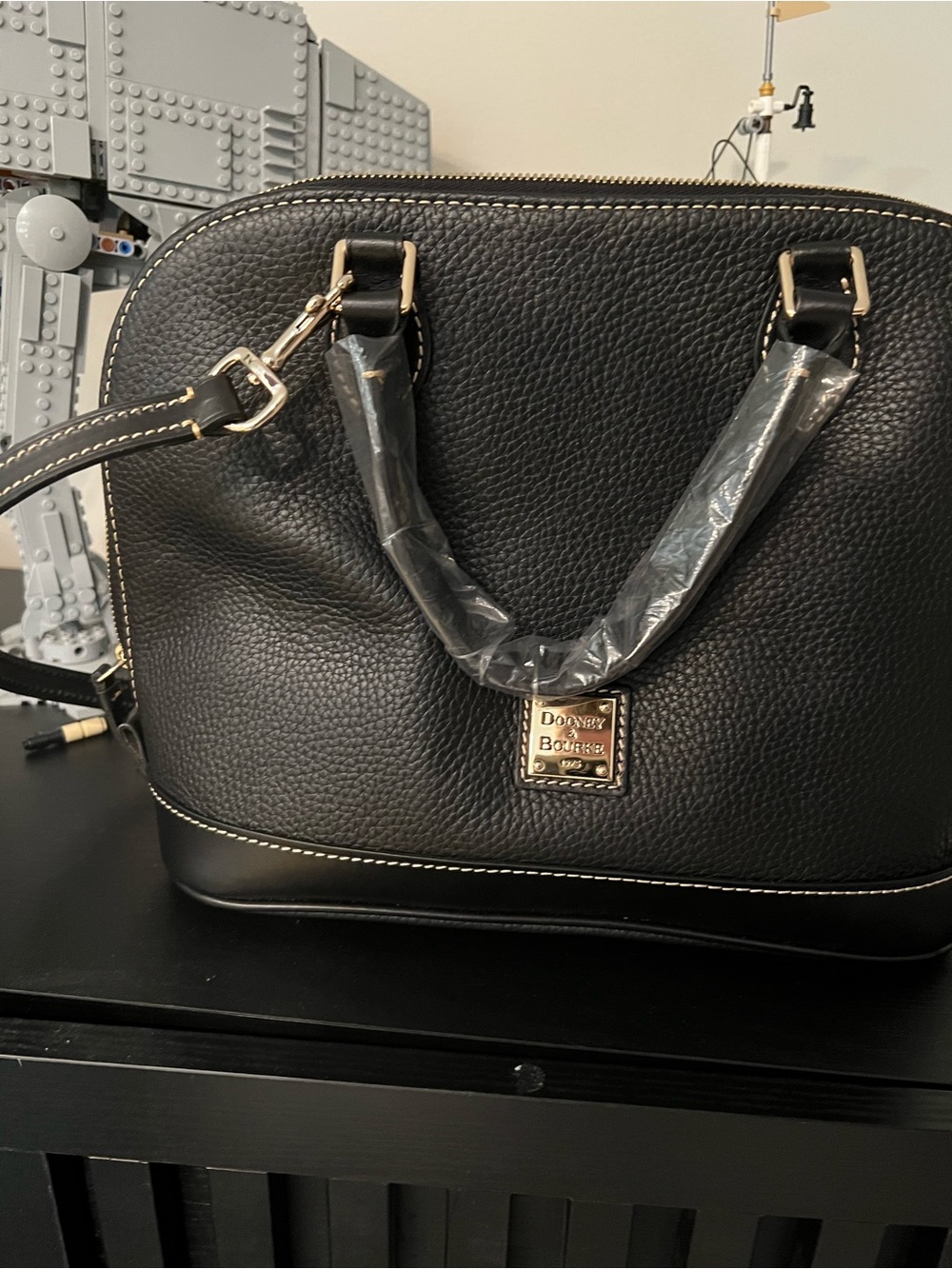 Dooney & Bourke Black Pebble Leather Dome Satchel with Gold Hardware